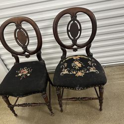Set Of Two Antique Victorian Needlepoint Chairs 