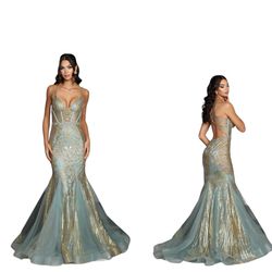 New With Tags Sage/Gold Long Formal Dress & Prom Dress $239