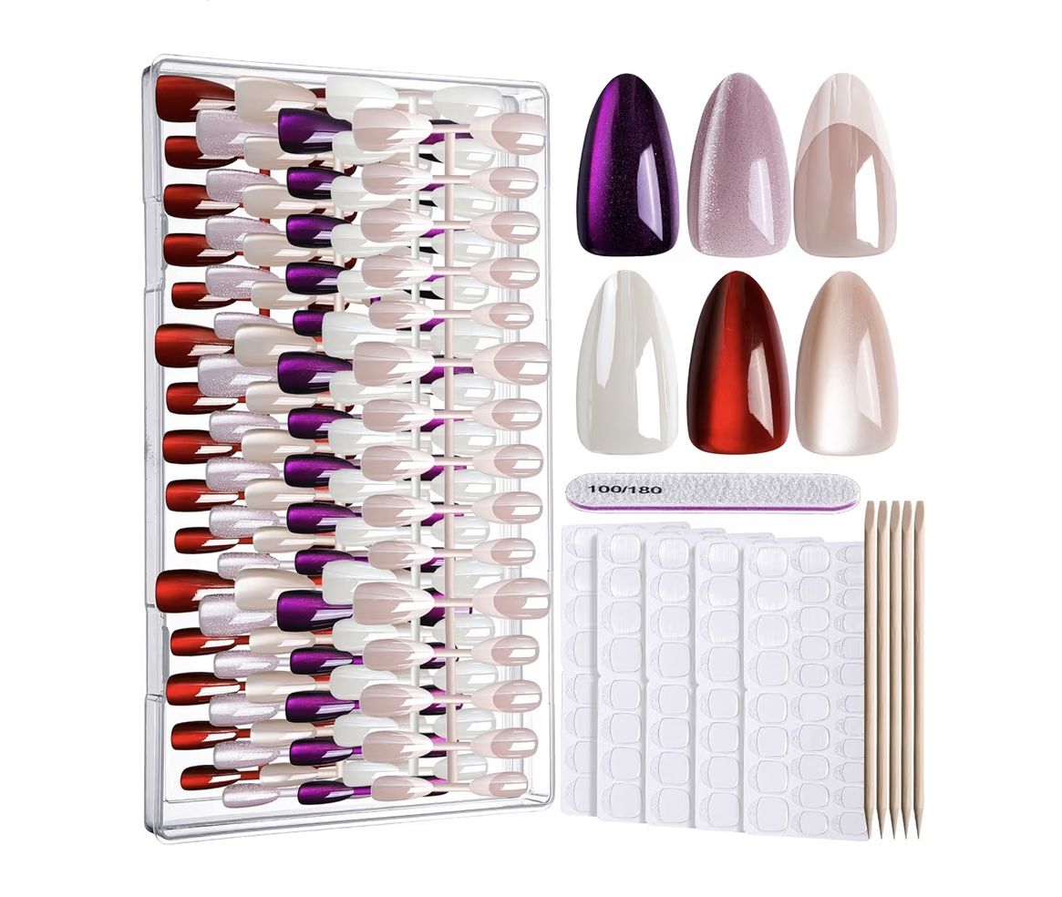 Almond Press On Nails In 6 Colors, Glossy Cat Eye Iridescent Chrome & French Tip, Pink White Purple Red, Manicure Kit for Women with Storage Case, NEW
