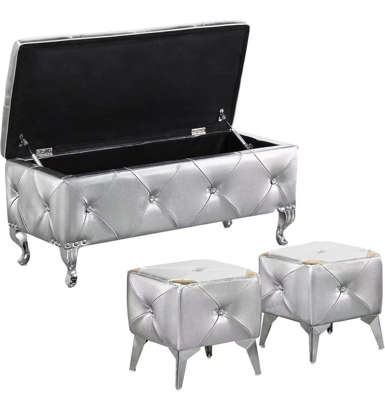 🥨3Pcs: 1 Faux Leather Large Storage Ottoman Bench with 2 Small Ottomans Upholstered, Silver