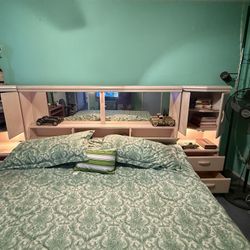 King Size Bed With Box And Mattress 2 Tall Night Stand With 2 Drawers And Light  Mirror Head Board With Light And Storage And Armor With 6 Drawers 