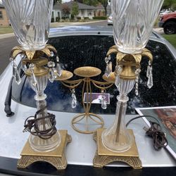 3 Piece Large Vintage Lamps And Matching Candle Holder 