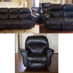 FULL SET - Leather Reclining Couch, Loveseat and Armchair - Brown