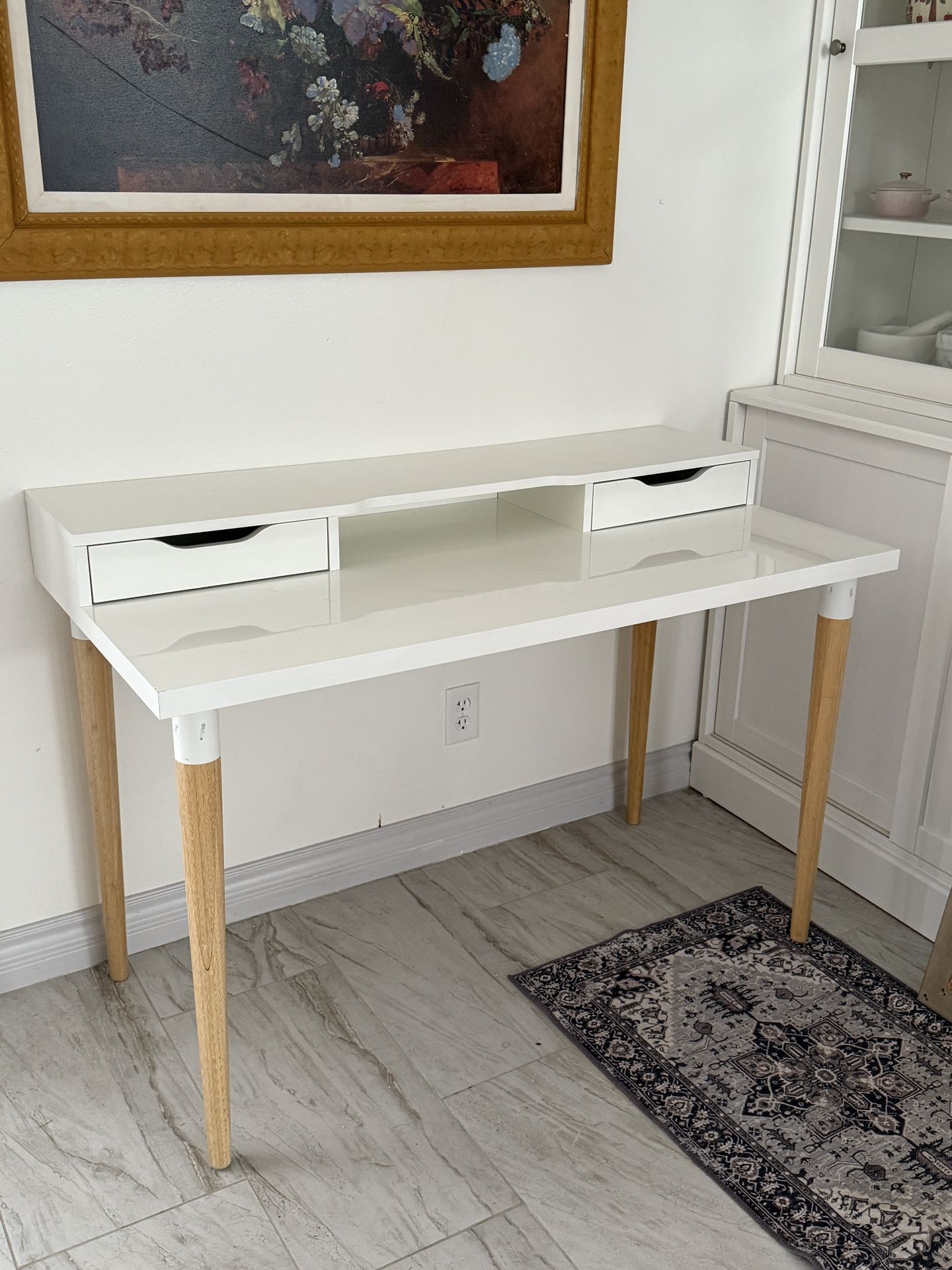 IKEA table with wooden legs and  additional desk stand w/ 2 drawers 
