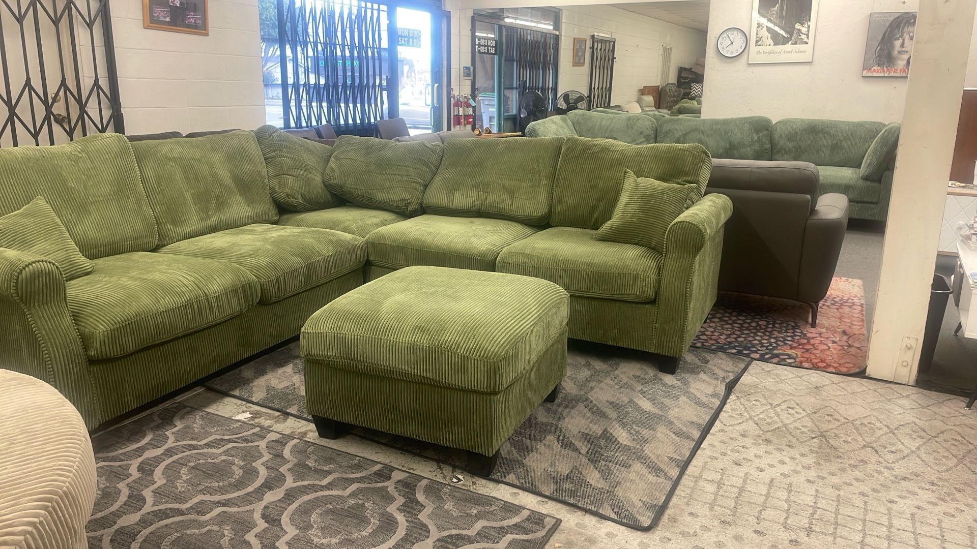 New 99x99 Sage Corduroy Sectional Couch With Ottoman / Free Delivery