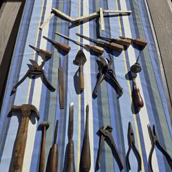 Vintage Wooden Toolbox + Approx 20 Hand Tools (Hammers, Shears, Screwdriver, Folding Ruler, Chisel. Etc.) - Rustic  $250 OBO