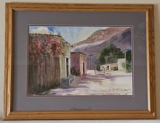Framed Southwest Village Street Watercolor Painting 