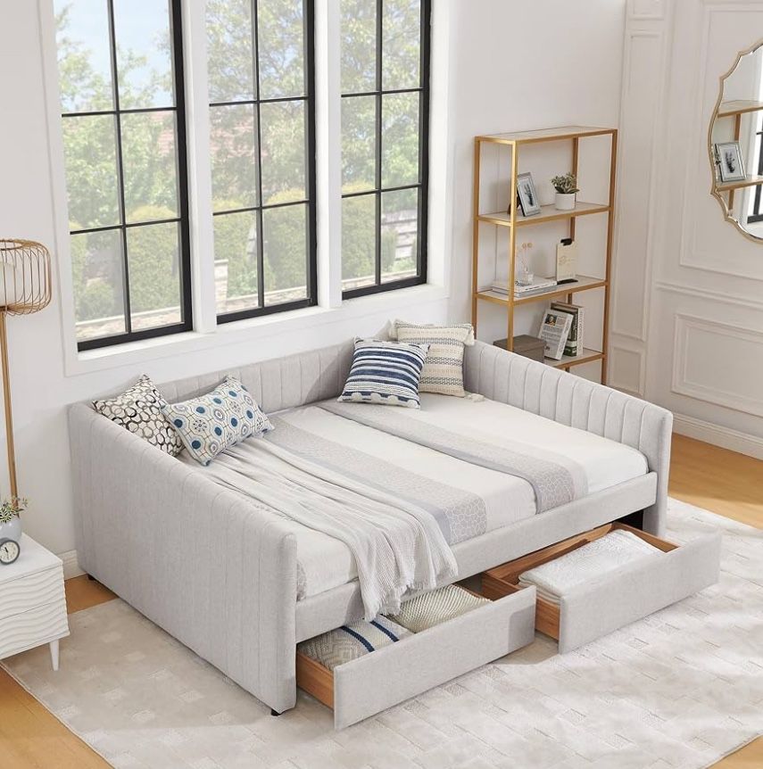 Light Gray Upholstered Sofa Bed With Mattress Included And Two Storage Drawers