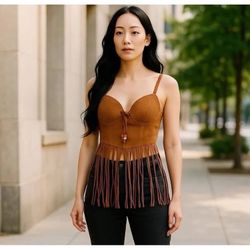 Faux Suede Fringe Corset Top