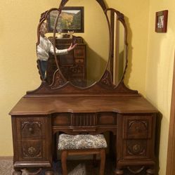 Antique, Full-Size Bedroom Set: Headboard, Footboards, Sideboards, Dresser, Vanity With Bench