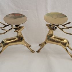 Vtg Reindeer Pillar Candleholder Brass Set Of 2 Size 7.5"X6.75"(each) India
