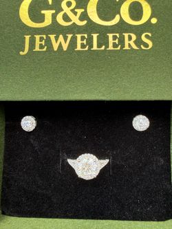 G&Co. Jewelers sterling silver 925 Halo Ring and Stud Earrings Set Moissanite with GRA certificate