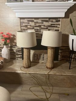 Wicker Table Lamps with Linen Shades – Set of 2