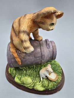 Vintage Cat and Mouse Figurine on Wooden Base
