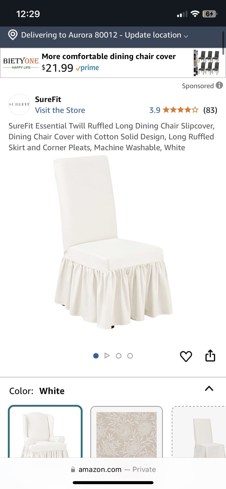 SureFit Essential Twill Ruffled Long Dining Chair Slipcover, Dining Chair Cover With Cotton Solid Design, Long Ruffled Skirt And Corner Pleats, Machin