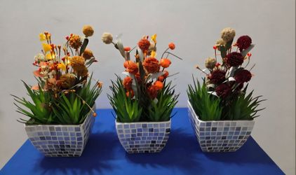 Mosaic Glass Planters filled with Faux Autumn Flowers & Succulents in Epoxy ($20 EACH) @ Lasting Creations