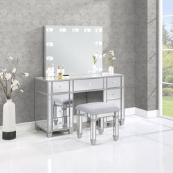 silver finish wood vanity set with light up mirror and stool