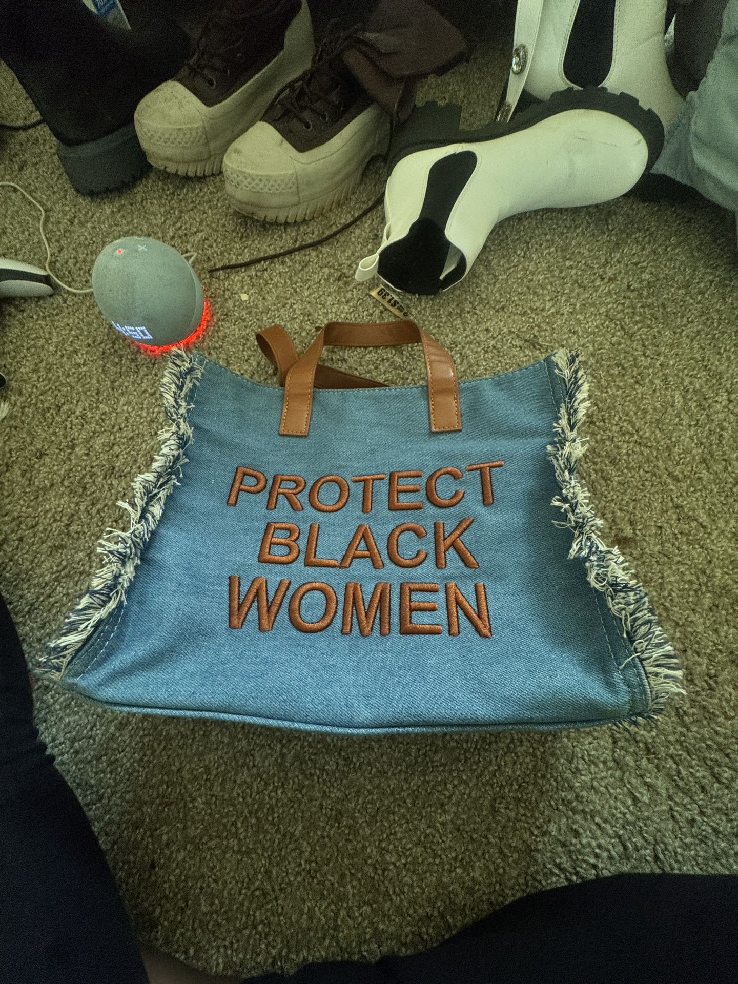 Tote Purse bag Denim with brown print