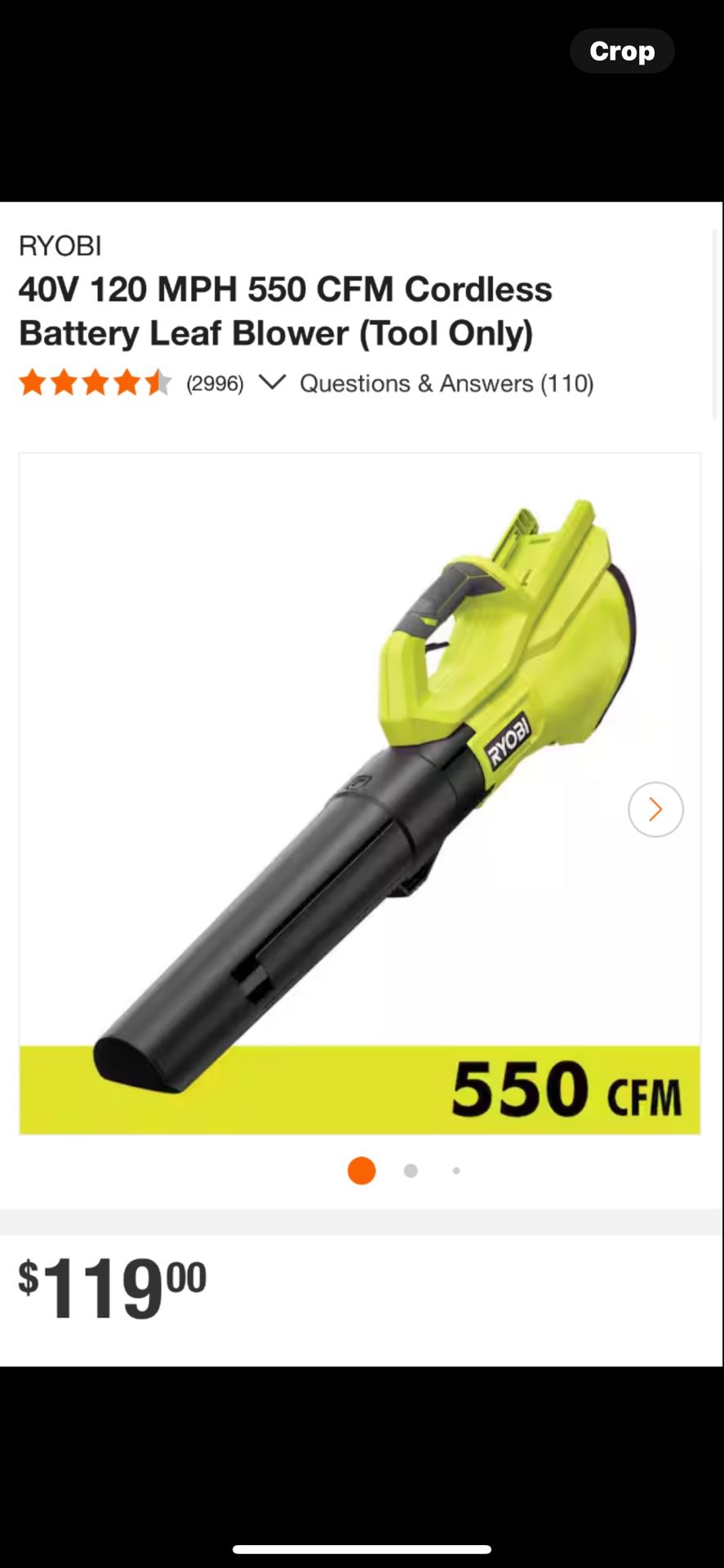 RYOBI 40V 120 MPH 550 CFM Cordless Battery Leaf Blower (Tool Only)