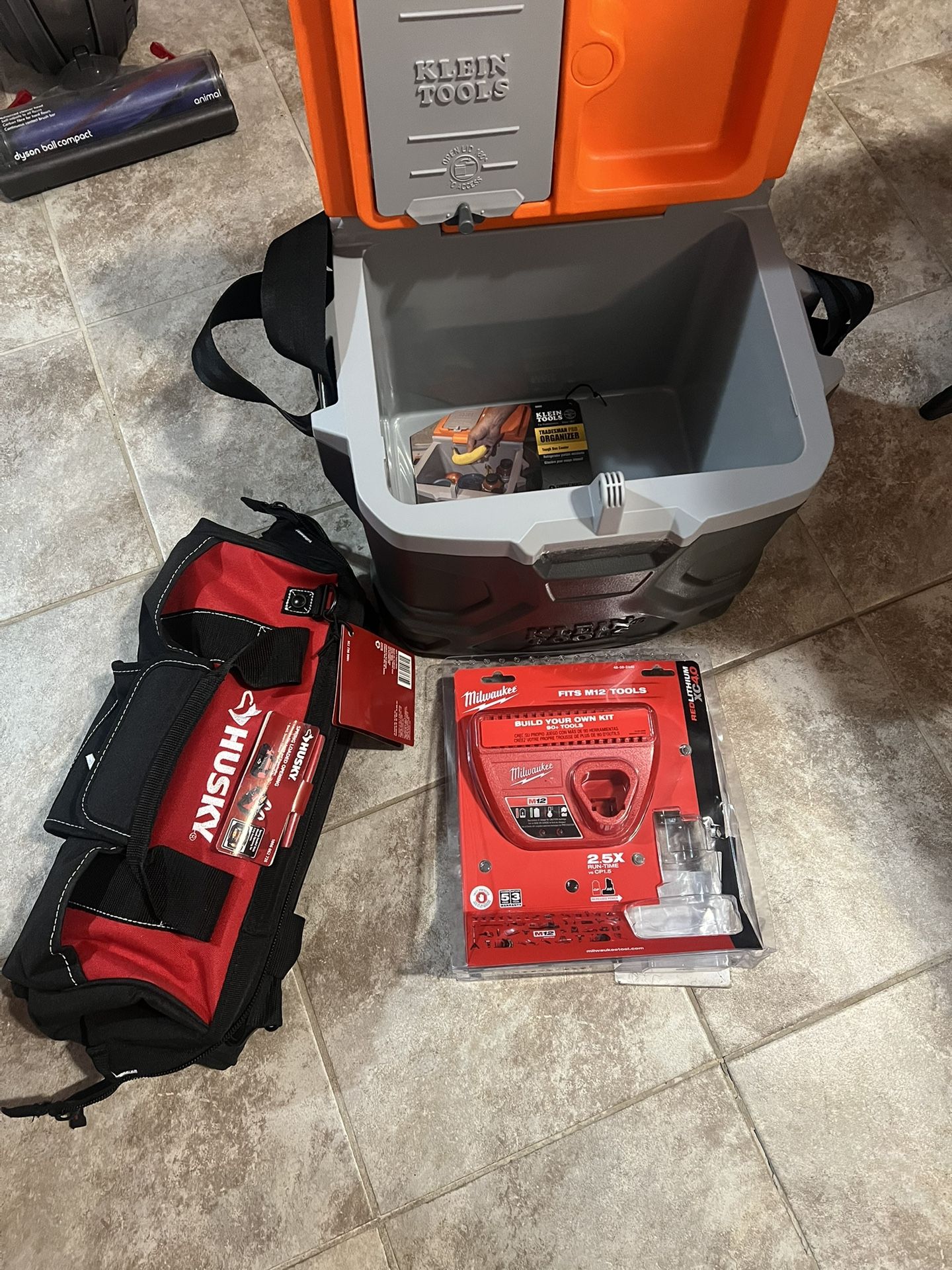 Klein Lunch Box, Husky Tool Bag, Milwaukee Charger