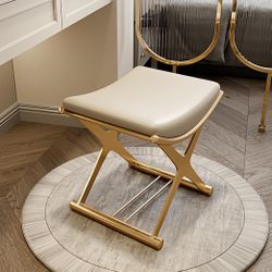 Vanity Stool,Leather Ottoman Makeup Stool with Metal X Legs,Multifunctional Chairs for Makeup,Modern Padded Vanity Seat Foot Rest Stool,Sofa Stool for
