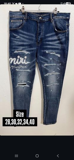AMIRI BLUE DISTRESSED SCRIPT LOGO DENIM JEANS NEW COLLECTION