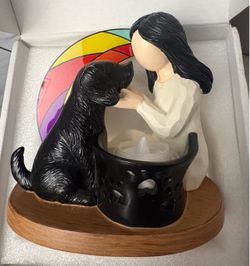 Pet Memorial Tea Light Candle Holder with woman and dog figurine #memorial #petloss