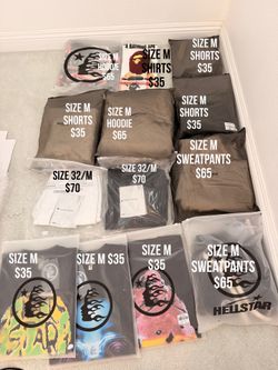 Essentials, Bape, Hellstar, purple jeans. shorts, hoodies, tshirts and sweatpants