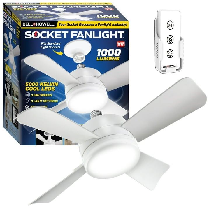 Bell + Howell Socket Fan Light 4 Blades 1000 Lumens Light 15" White Socket Fan Light With Remote