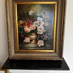 Floral Still Life Oil On Canvas By Leigh