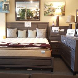 Brand new gray queen bed frame + dresser + mirror + nightstand