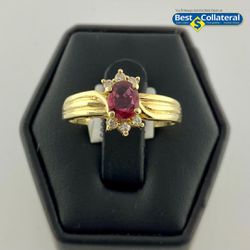 Ladies Red Stone And Diamond Ring In 14k Gold