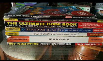 Official strategy guides:FinalFantasy 10 &12 Disney's Kingdom of Hearts Gameboy Advance Ruby/Sapphire version Pokemon Legend Zelda, OO7 nightfire