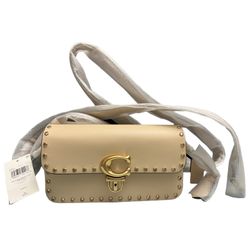 Coach Ivory Glove Tan Leather w/ Crystal Rivets Studio Baguette Shoulder Bag New