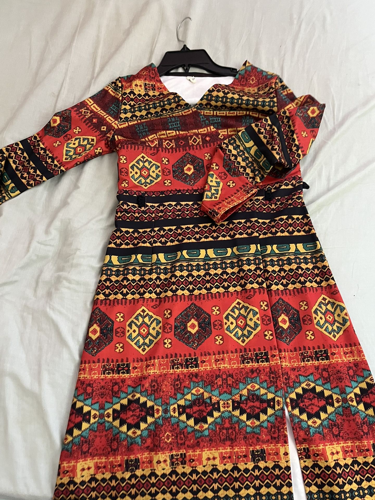 Vintage Unique Patterned Long-Sleeve Dress – Size S