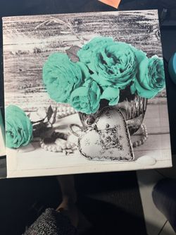 Teal And Grey Rose Wall Art