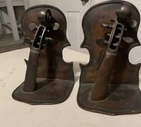 Vintage Hollywood Regency Style Brass Violin Musical Instrument Bookends