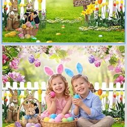 LTLYH 7x5ft Easter Backdrop Spring Flower Garden Photo Background Rabbit Colorful Eggs Fence Grass Wall Decor Photography Background Kids Children Bir