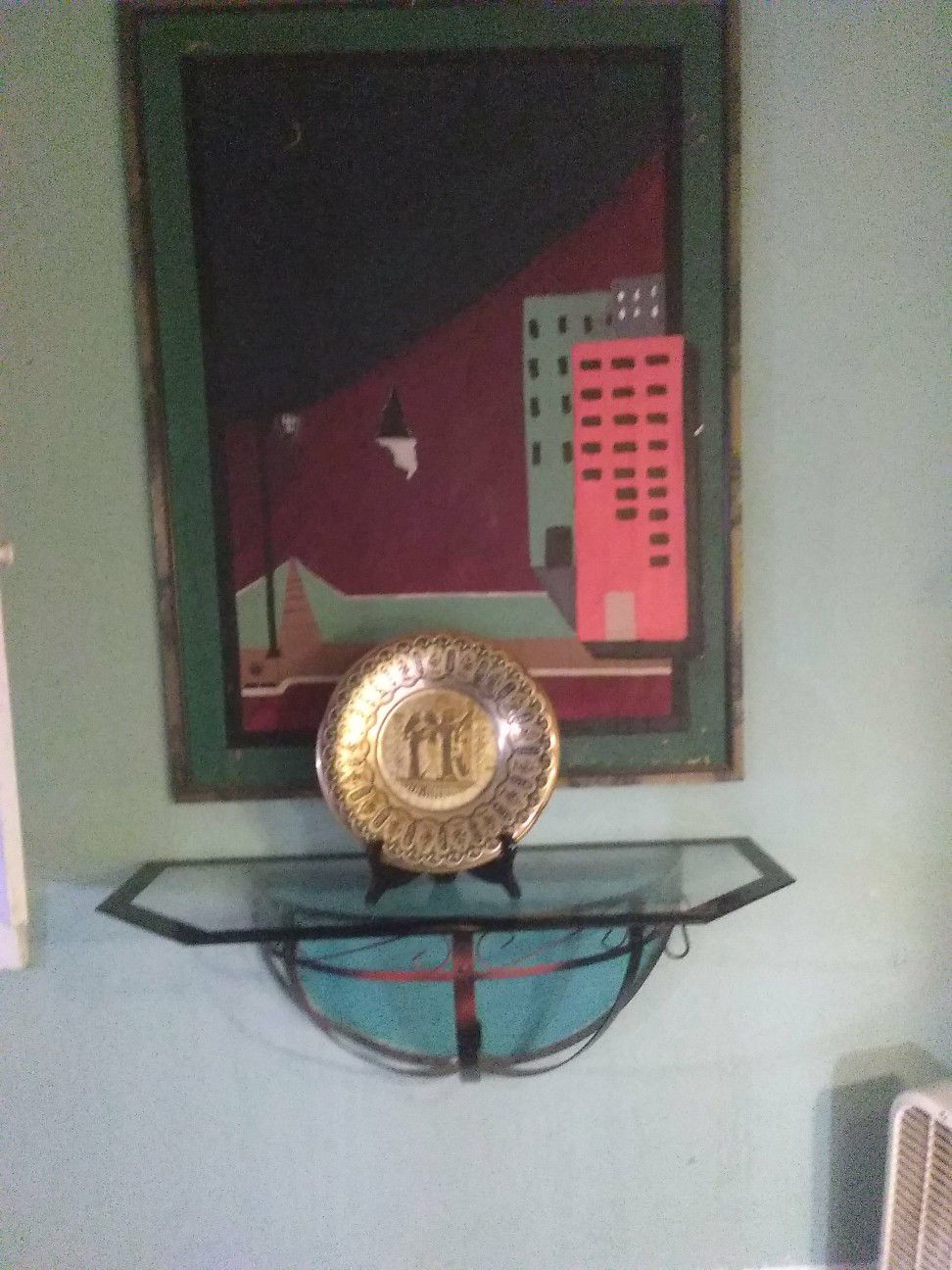 Canvas painting ,Glass Shelf with mount ,hand made Egyptian plate with stand