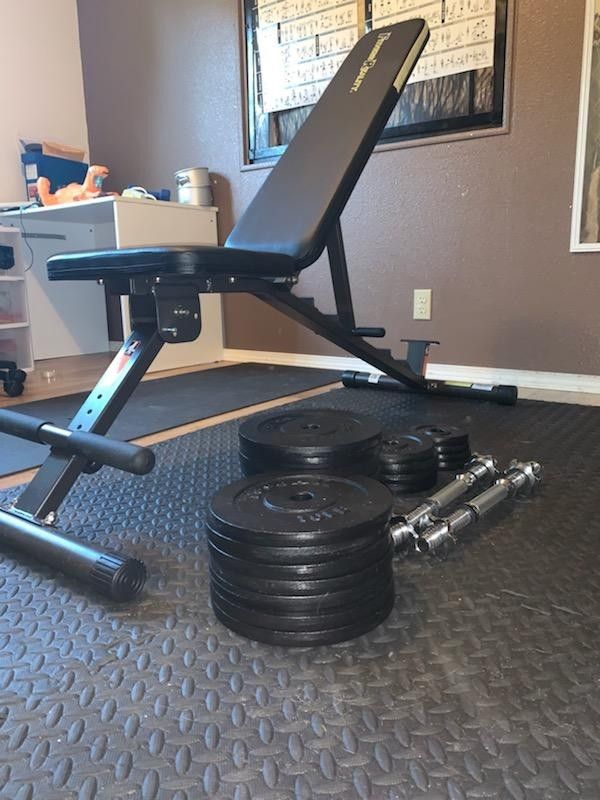 Weight bench, mat and weights