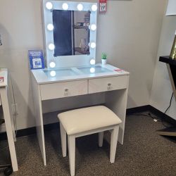 NEW WHITE MAKEUP VANITY WITH 10 LIGHTS AND USB AND POWER OUTLET AND STOOL || SKU#HM7878WH