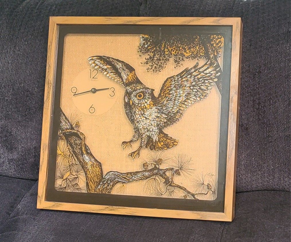 Beautiful Vintage 1970s Large Glass Reverse Painted Owl Elgin Clock