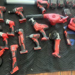 Milwaukee Four Tool Set Pack Out Box With A Lot Of Batteries, Forged Batteries, And Supercharger