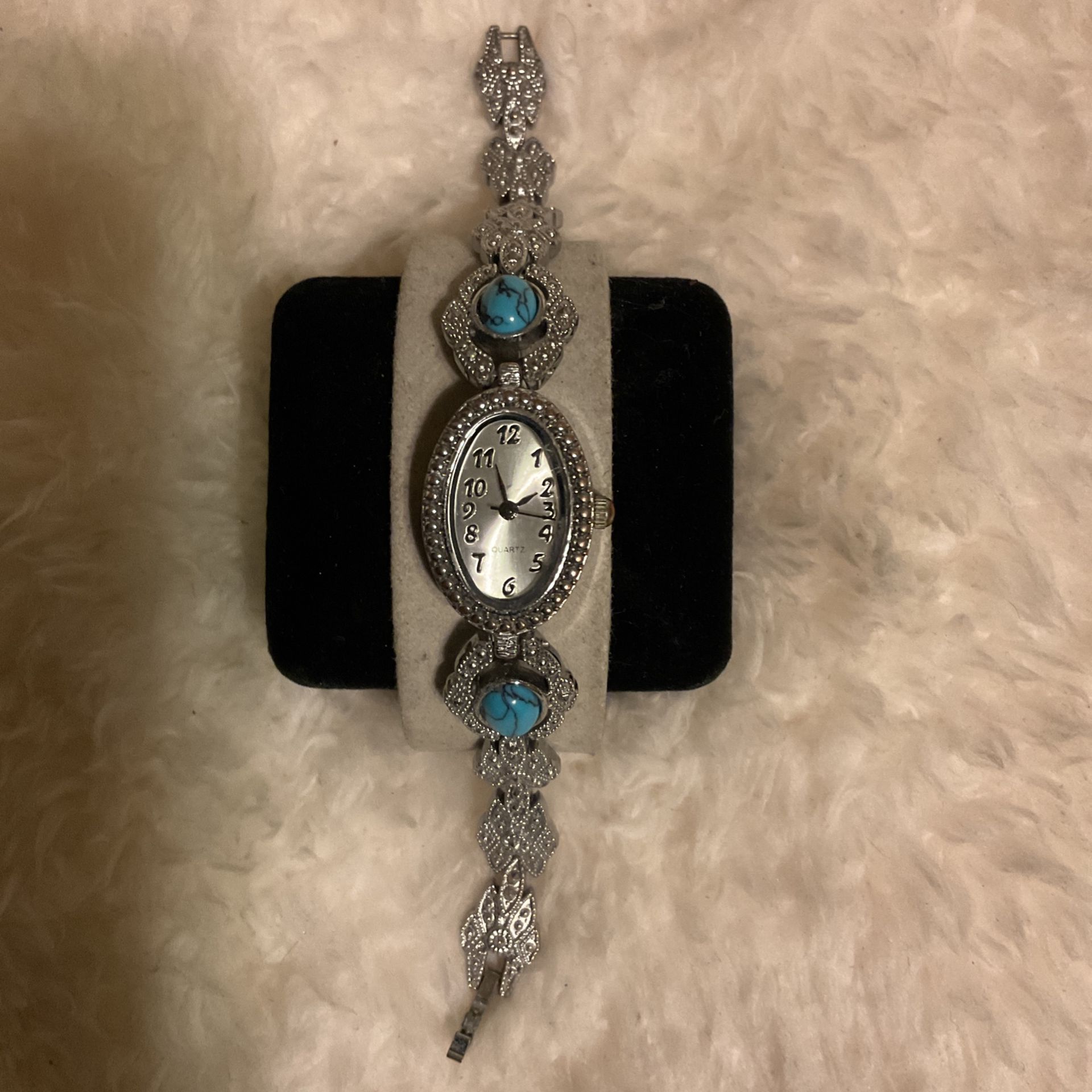 Vintage Quartz,stainless Steel Back,silver Tone Watch With Turquoise Stones