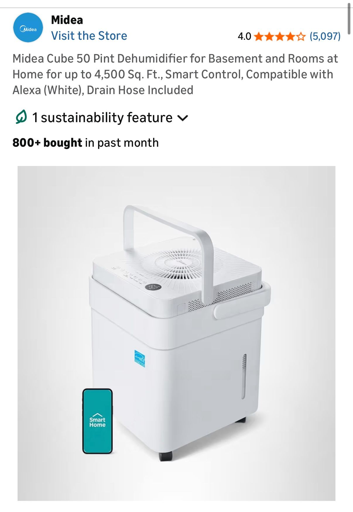 Midea Cube 50 Pint Dehumidifier for Basement and Rooms at Home for up to 4,500 Sq. Ft., Smart Control, Compatible with Alexa