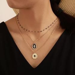 Bohemian Gold Plated Layered Black Dripping Cross Necklace