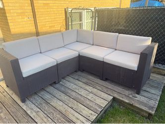 Brown Wicker Sectional Outdoor Sofa with Light Gray Cushions