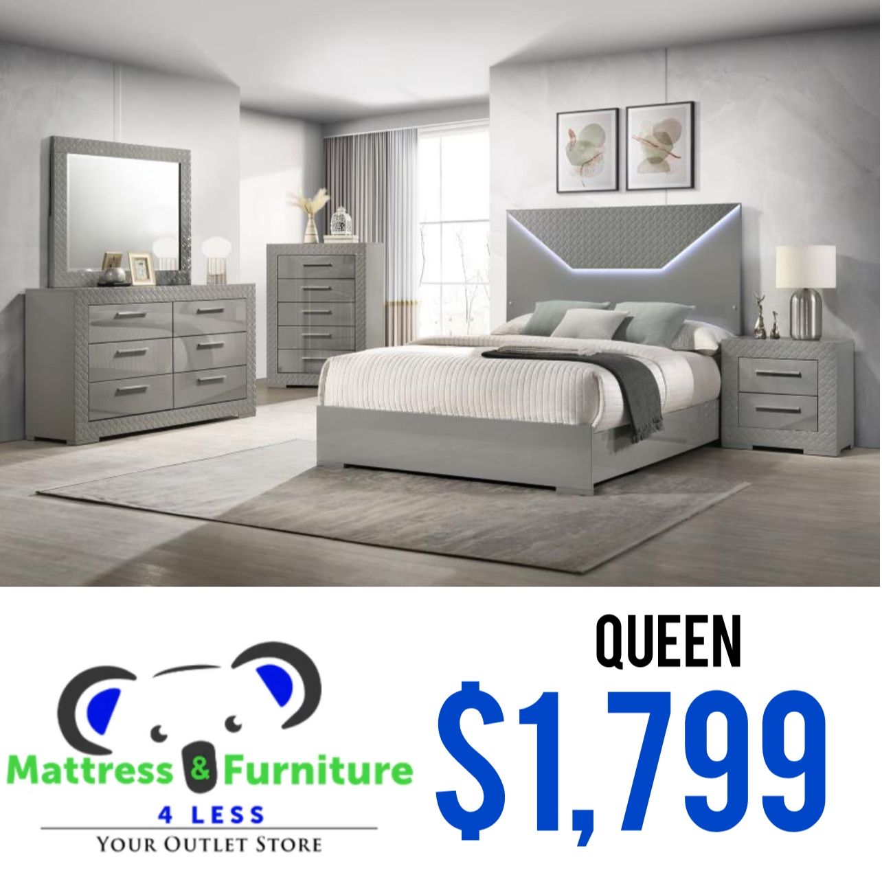 Ives 5-Piece Queen Bedroom Set Grey High Gloss