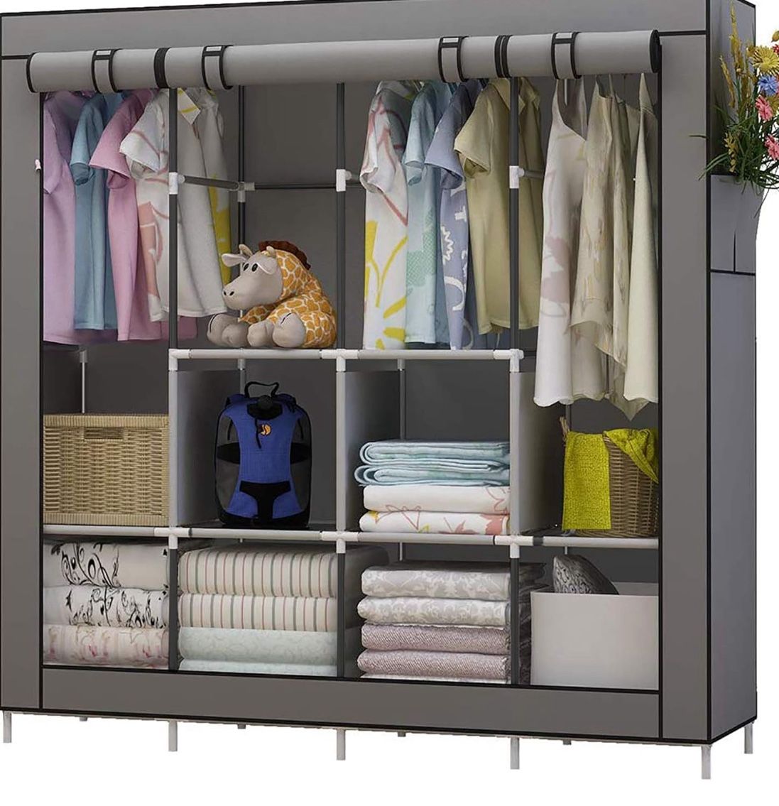 UDEAR Portable Closet Large Wardrobe Closet Clothes Organizer with 6 Storage Shelves, 4 Hanging Sections 4 Side Pockets,Grey