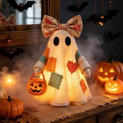 Lighted Vintage Patchwork Fabric 25cm Ghost with Pumpkin Lantern